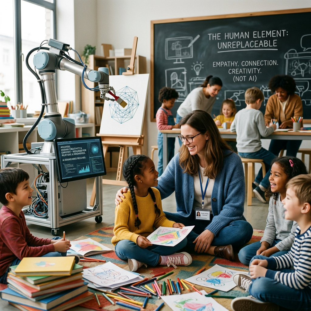Children drawing with colored pencils and teacher smiling and interacting with them while robotic arm paints on canvas