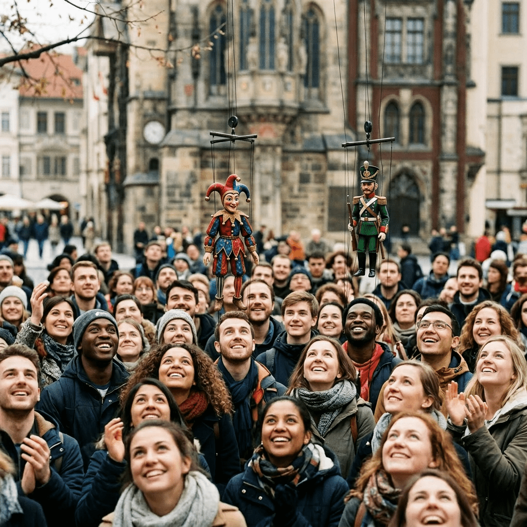 Crowd of various ages and ethnicities smiling and looking up at two marionette puppets suspended by strings